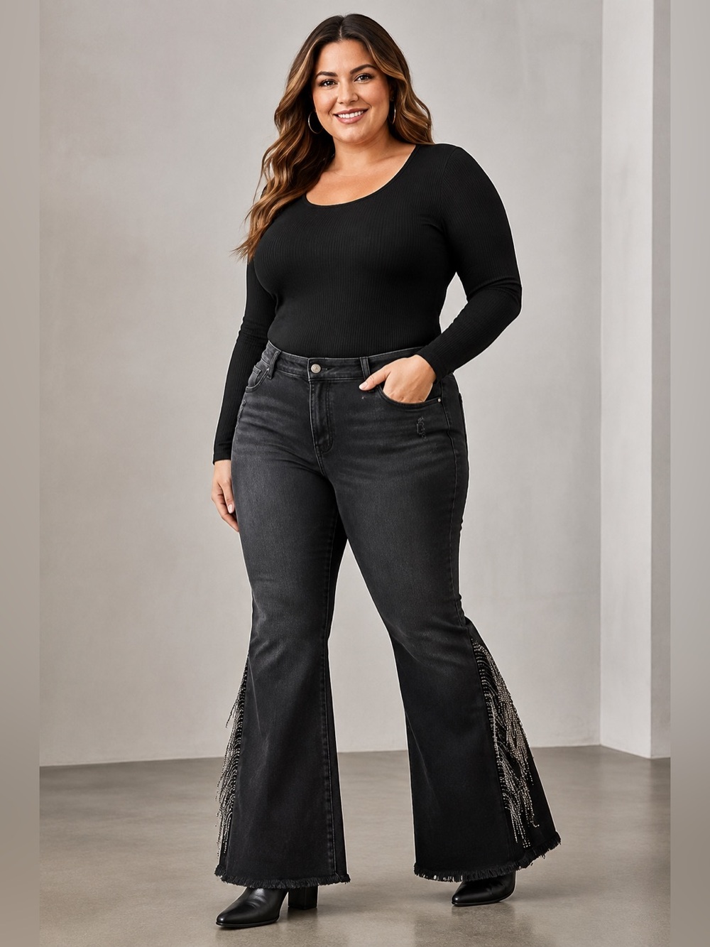 Risen Jeans Women’s 1XL Black Rhinestone Fringe Wide Leg Flare Jeans NWT
